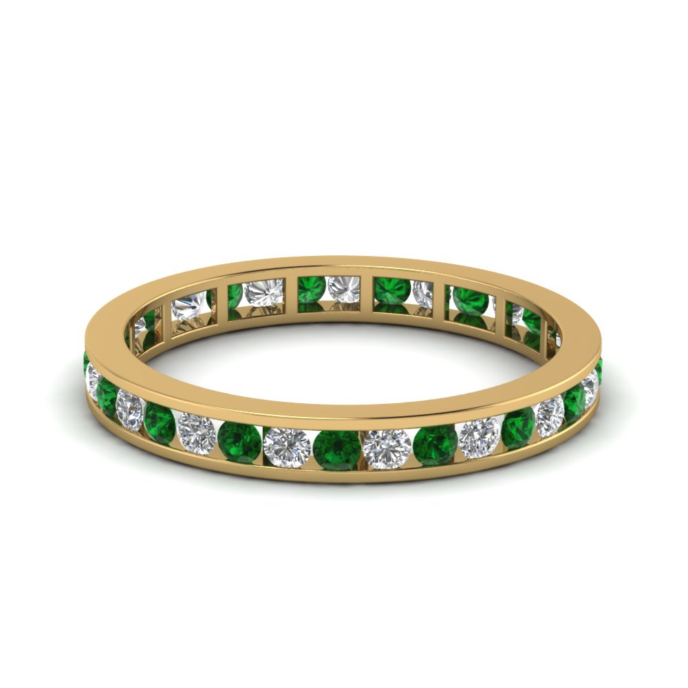 channel set diamond eternity wedding band with emerald in FDEWB158BGEMGR NL YG