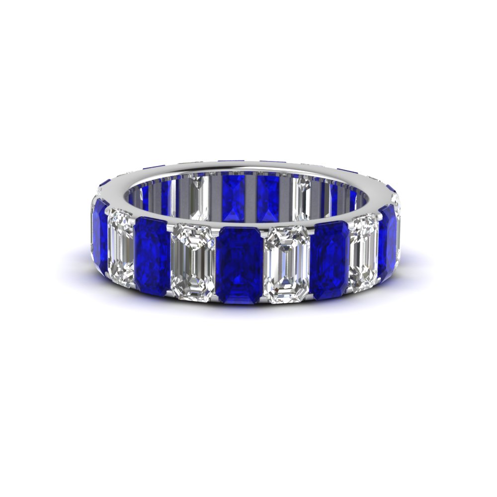 4Ct Emerald Cut Blue Sapphire Diamond Cocktail Eternity Band 14K White Gold Over