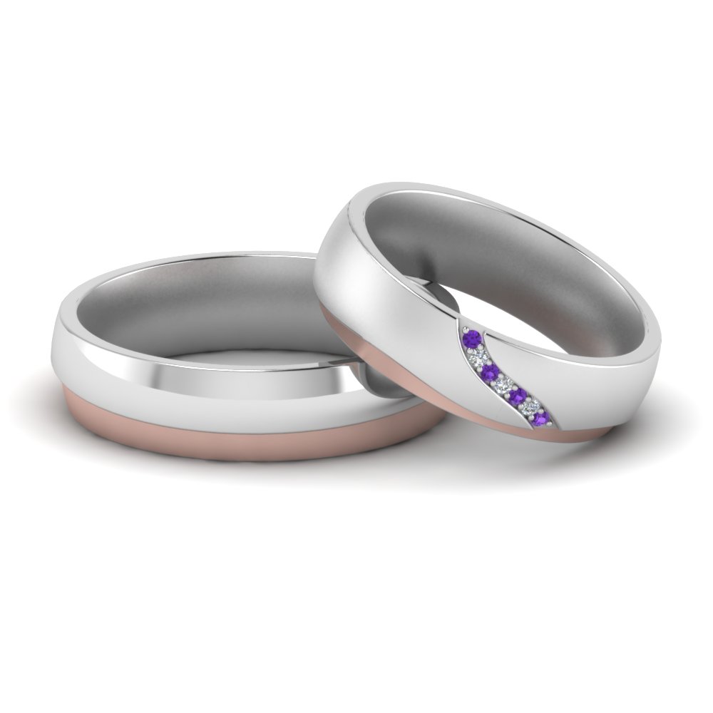 Couples Diamond 2 Tone Wedding Rings With Purple Topaz In 14k White 