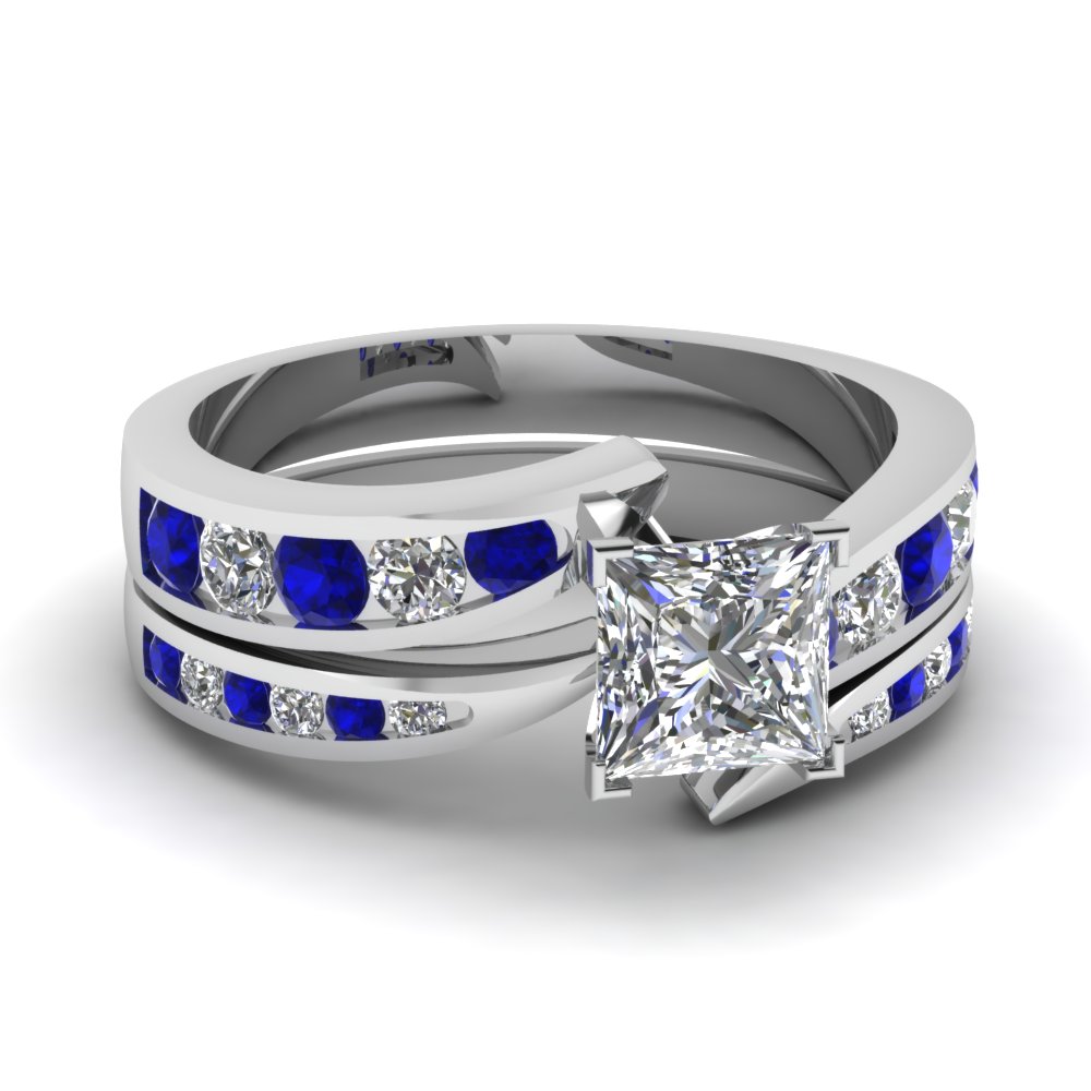 Crossover 1.25 Ct. Princess Cut Channel Diamond Wedding Set With Blue ...