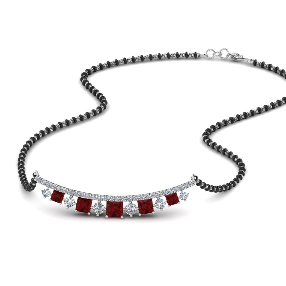 Curved Diamond Bar Mangalsutra With Ruby