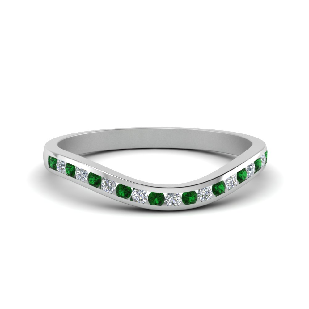 curved channel diamond wedding band with emerald in 14K white gold FDENS2255B2GEMGR NL WG