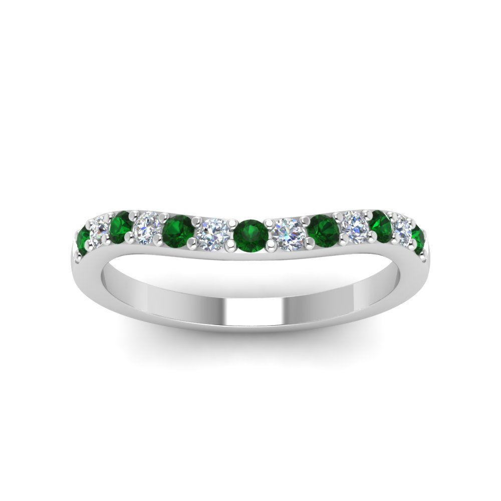 Curved Diamond Wedding Ring For Women With Emerald In 14K White Gold ...