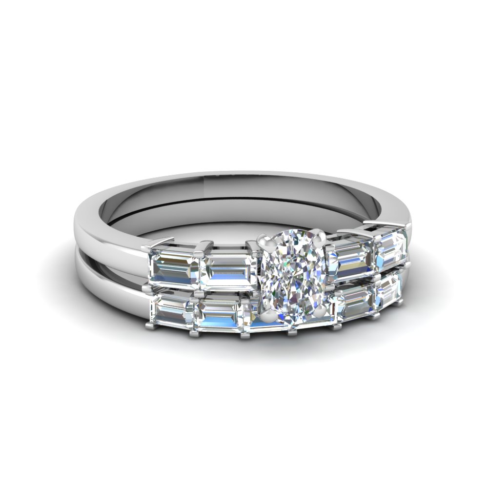 Cushion Cut Baguette Accent Diamond Wedding Ring Set In