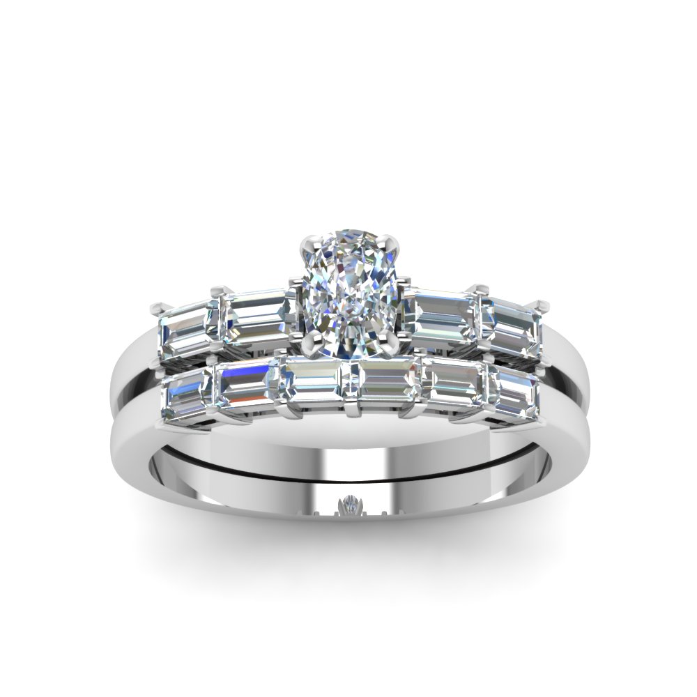 Cushion Cut Baguette Accent Diamond Wedding Ring Set In