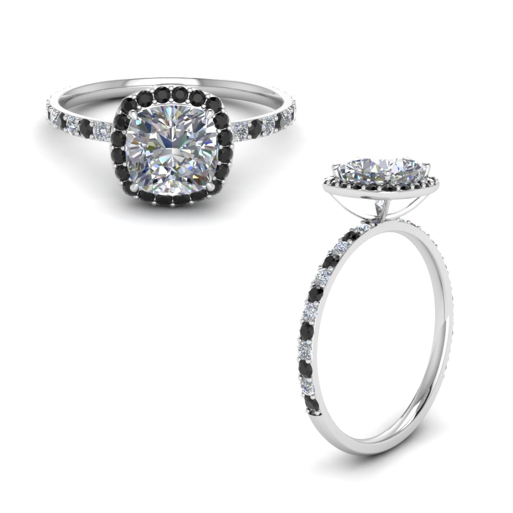 Cushion Cut Black Diamond Halo Petite Engagement Ring In 14k White