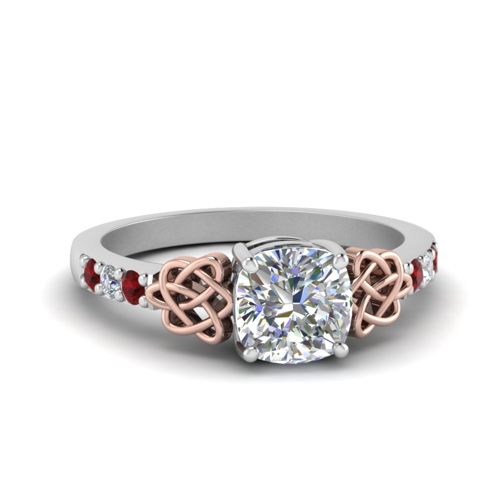 Cushion Shaped Celtic Two Tone Engagement Ring with Red Ruby in 950 Platinum