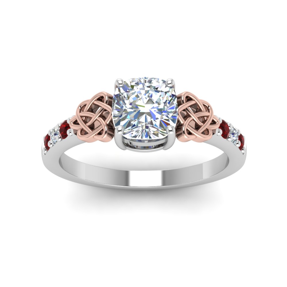 Cushion Shaped Celtic Two Tone Engagement Ring with Red Ruby in 950 Platinum