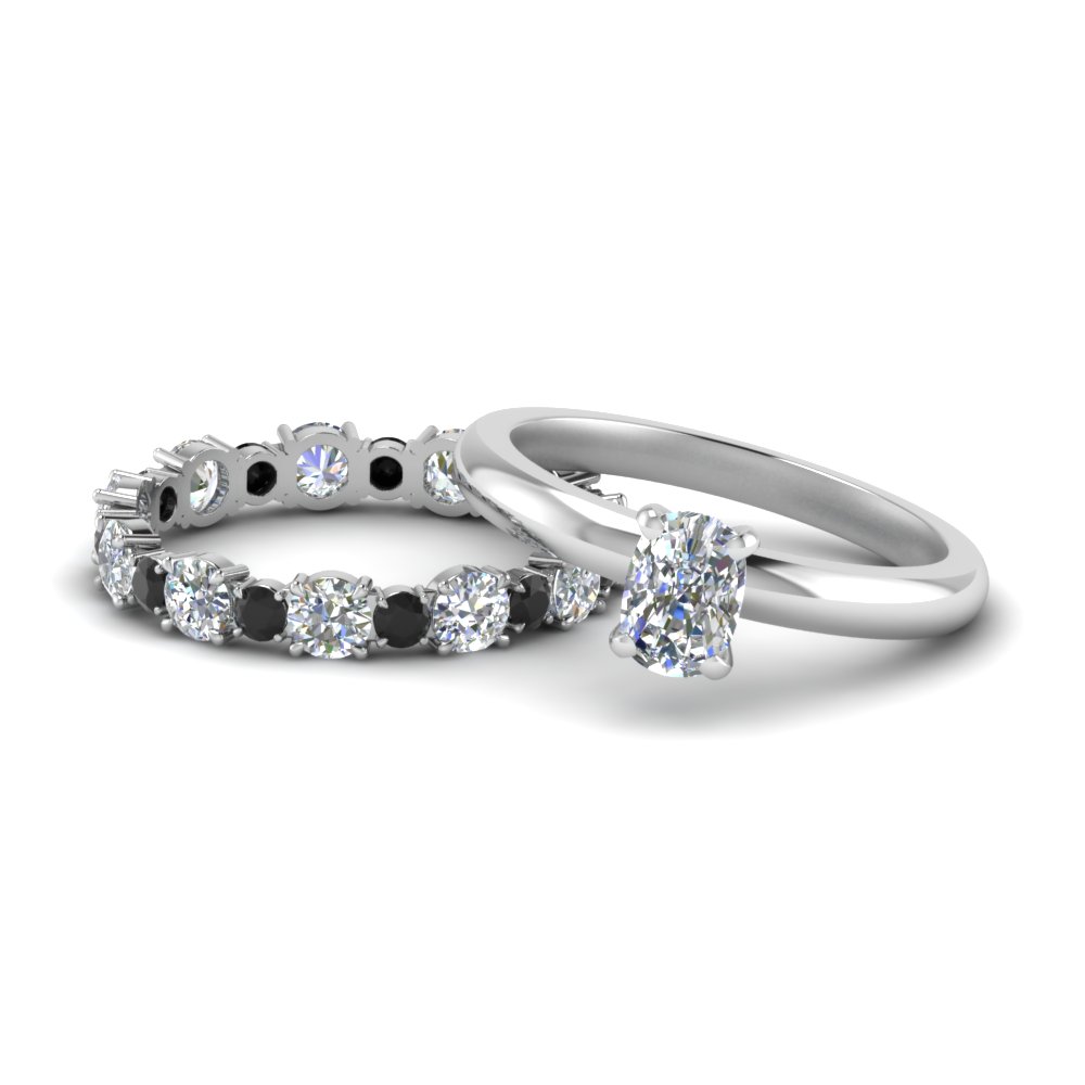 Classic Cushion Cut Solitaire With Black Diamond Eternity Band Set