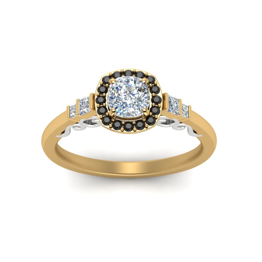 Cushion Cut Delicate Black Diamond Halo Engagement Ring In 18K Yellow ...