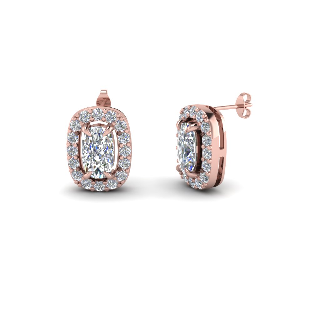 Cushion Cut Diamond Corona Stud Earrings In 14k Rose Gold
