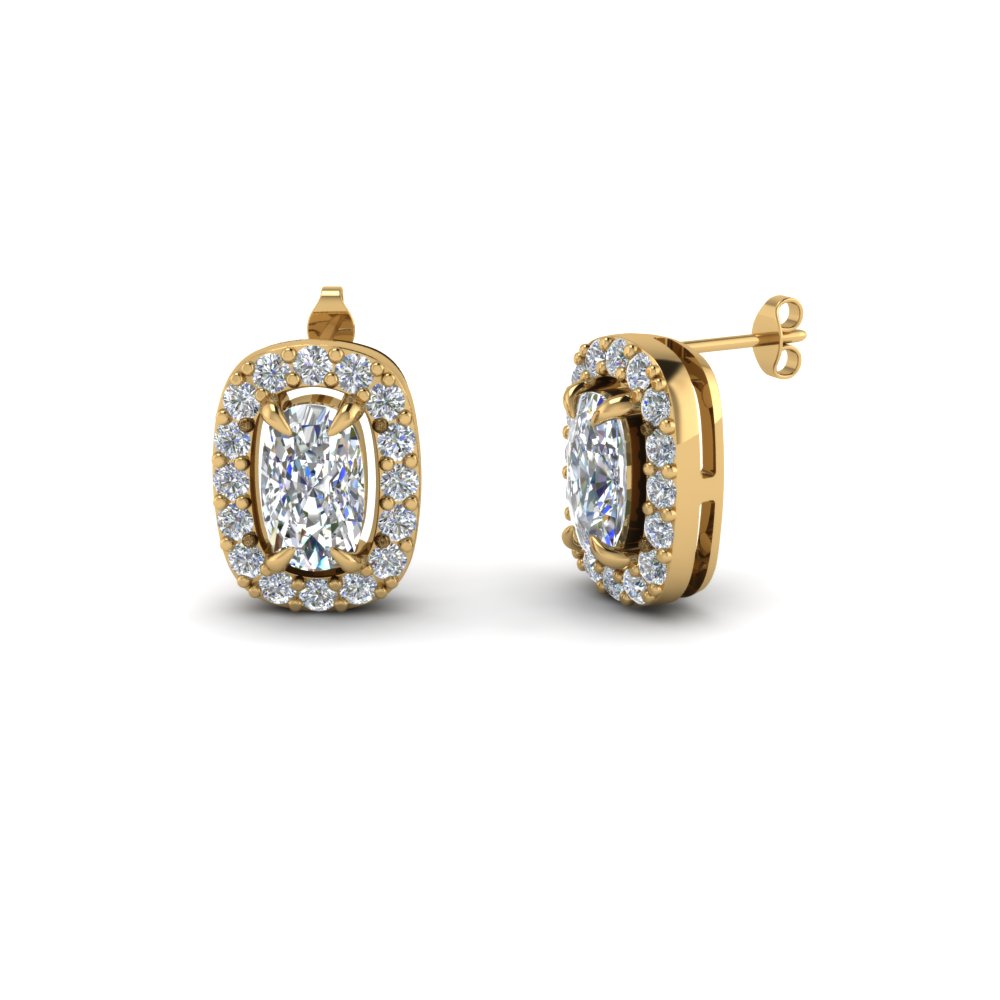 Halo Cushion Cut Diamond Stud Earring In 14k Yellow Gold