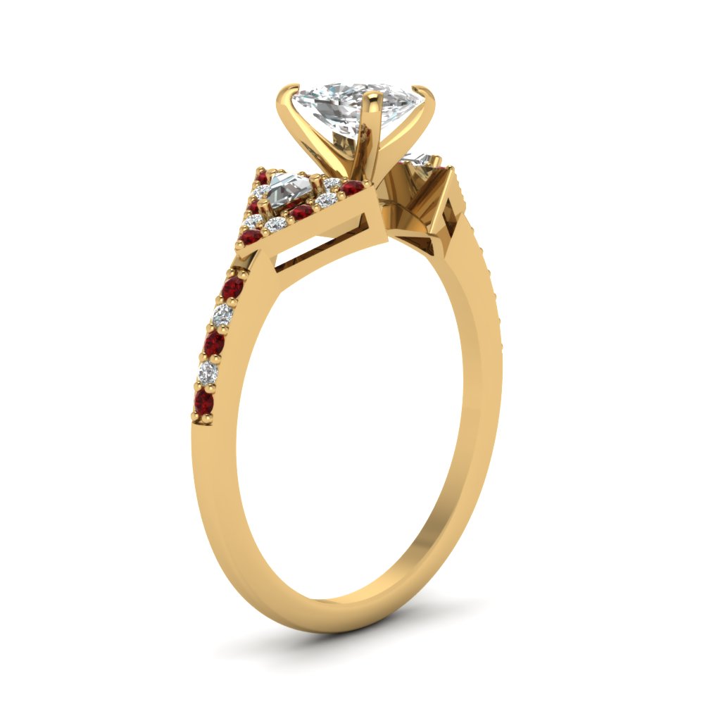 Trillion Halo 3 Stone Cushion Diamond Ring With Ruby In 18K Yellow Gold ...