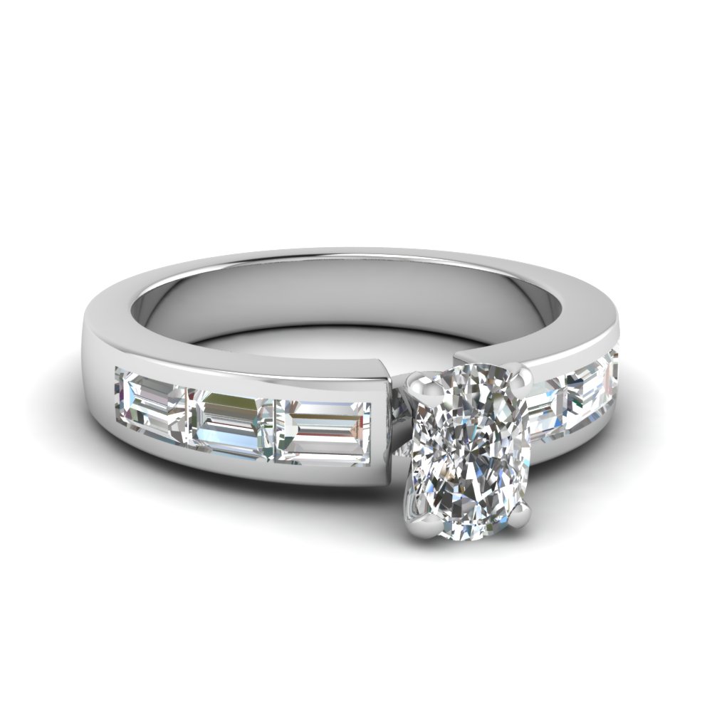 Channel Set Emerald Cut Diamond Engagement Ring With Baguette In 14K ...