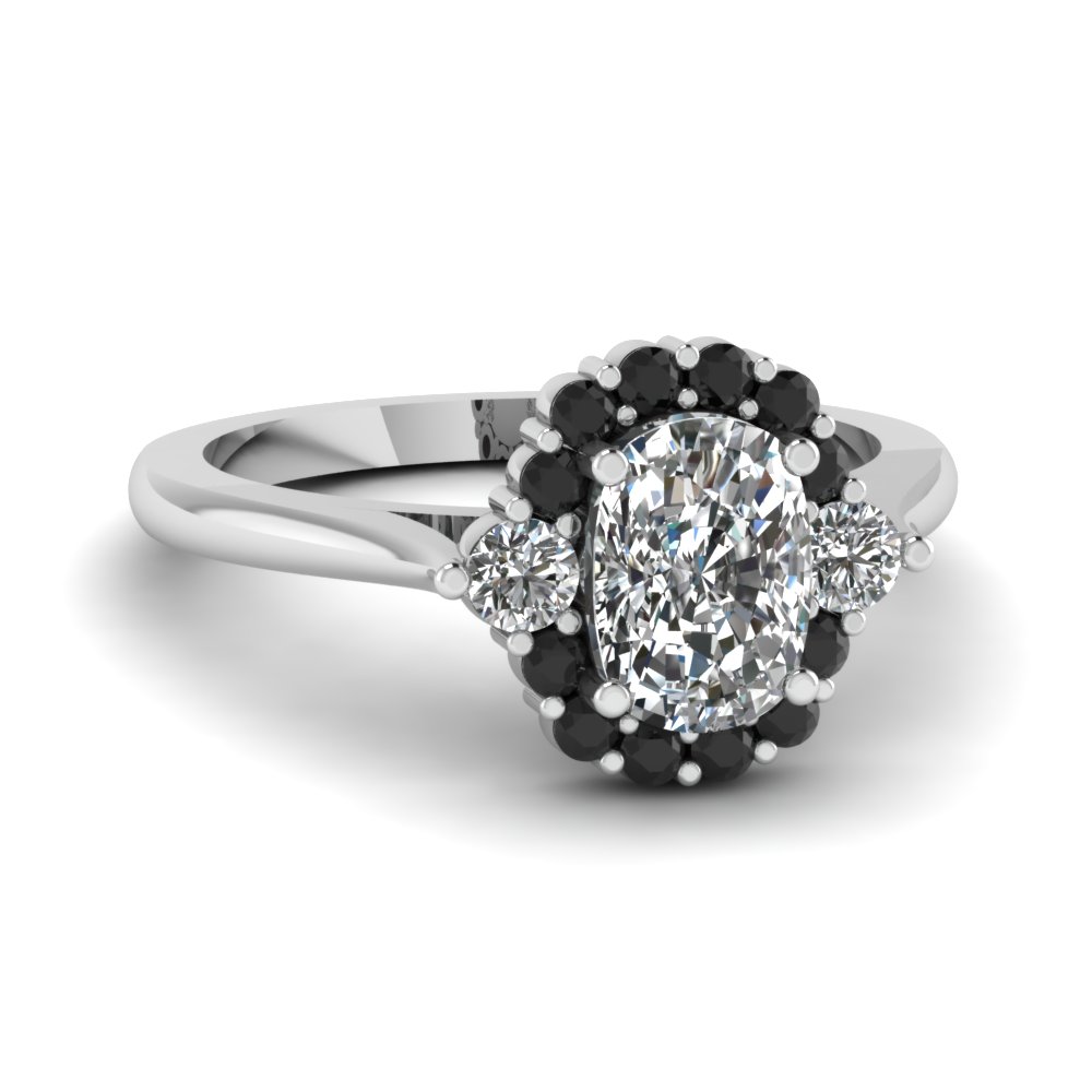 Black Diamond Halo Cushion Petite Engagement Ring In 14k White