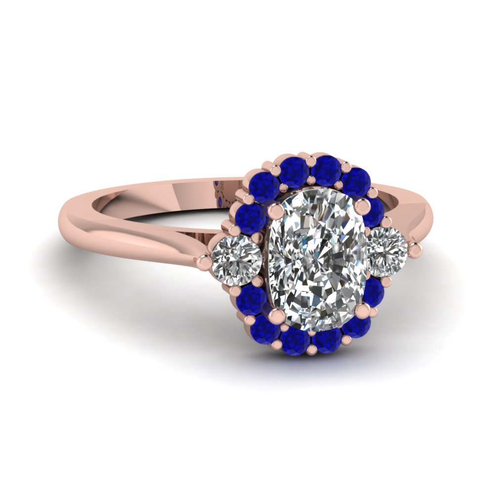 Sapphire Halo Cushion Diamond Petite Engagement Ring In 18K Rose ...