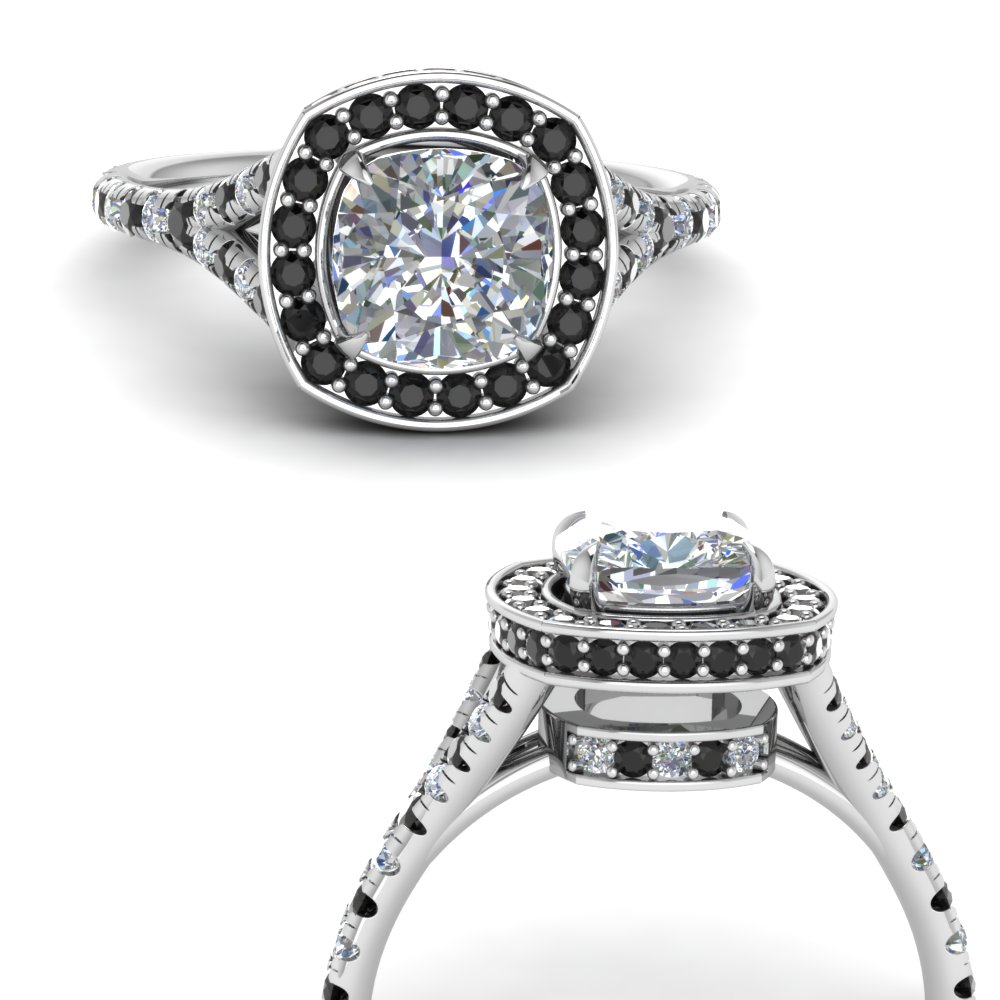 Cushion Cut Halo Split Engagement Ring With Black Diamond In 950