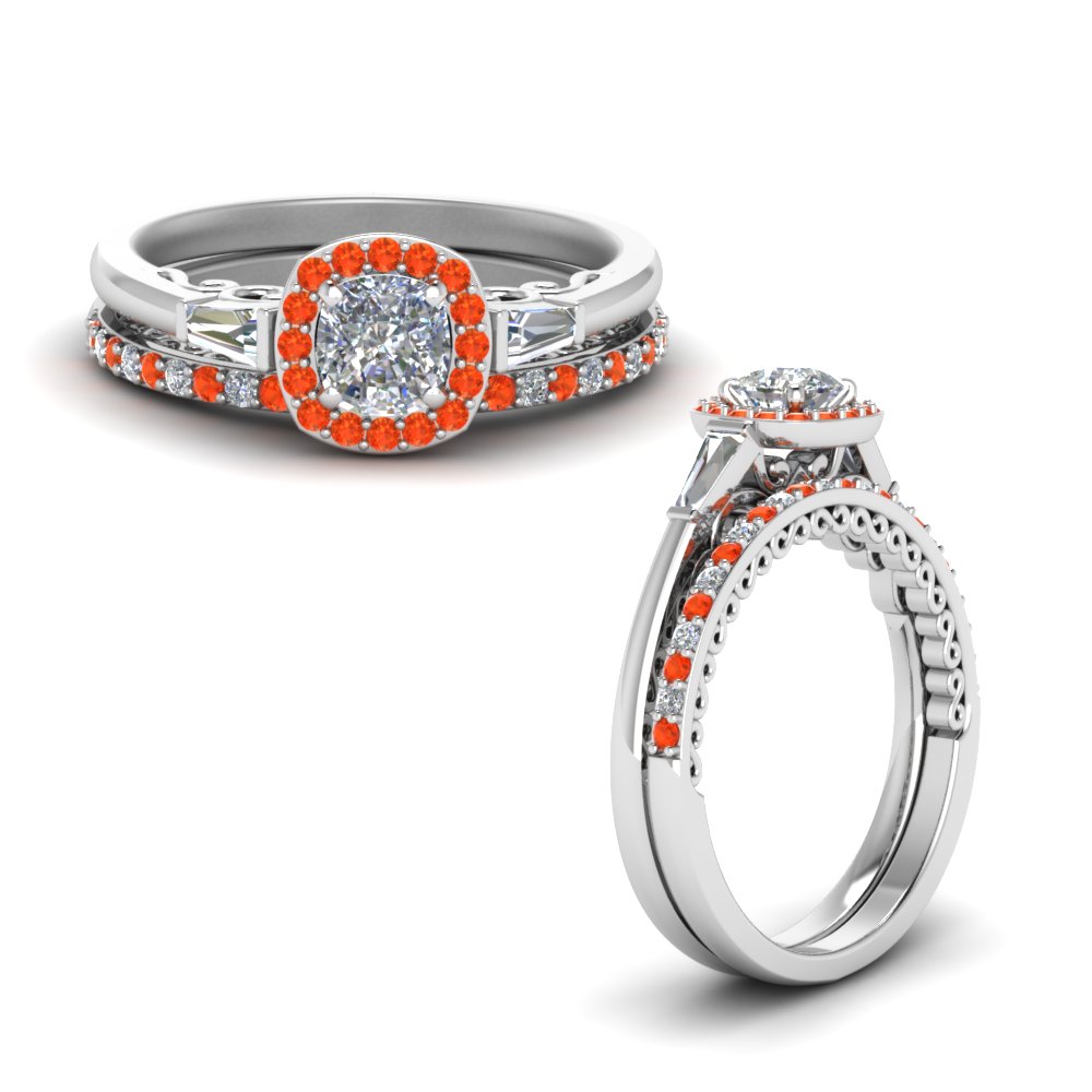 Orange Topaz Halo Cushion Diamond Wedding Ring Set With Baguette In Cushion Cut Orange Topaz Wedding Set