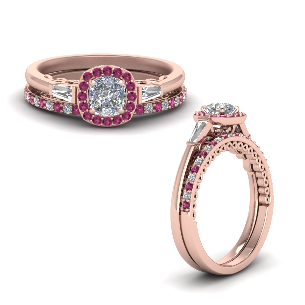 Pink Sapphire Halo Cushion Diamond Wedding Ring Set With