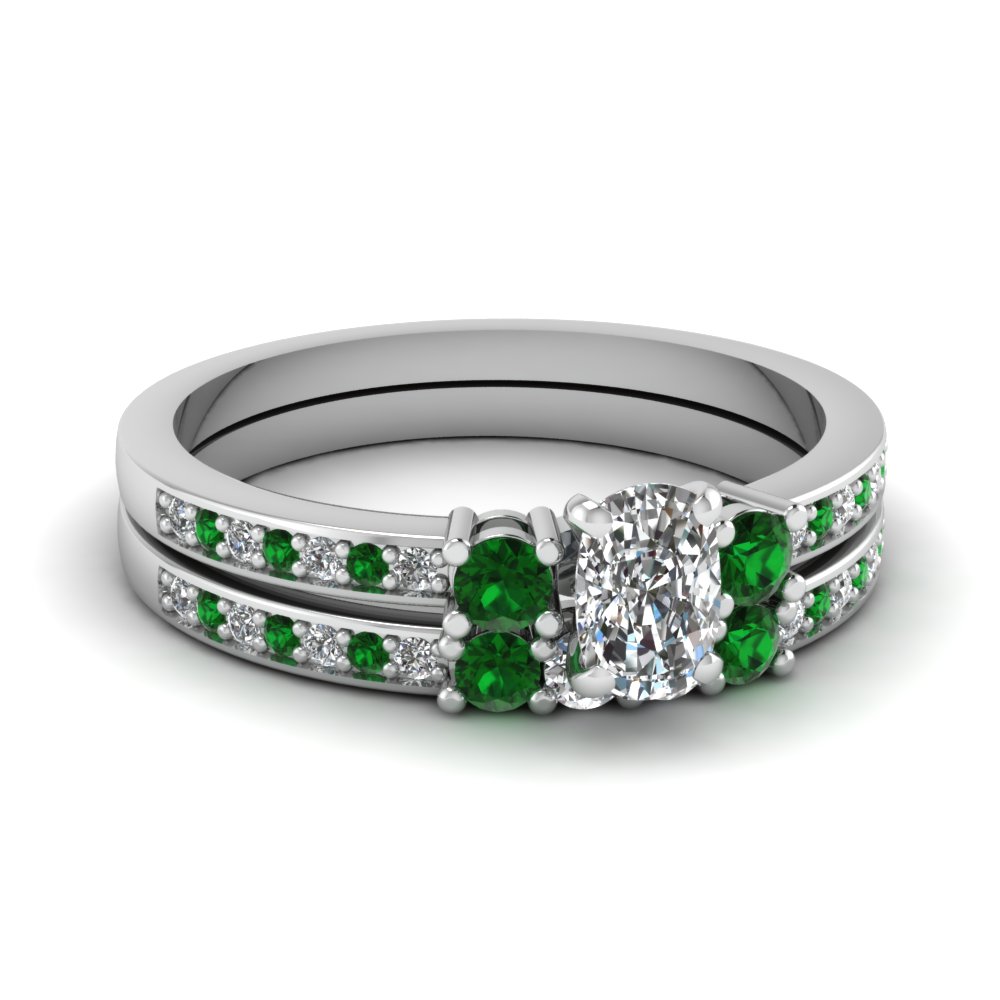 Delicate 3 Stone Emerald Bridal Set