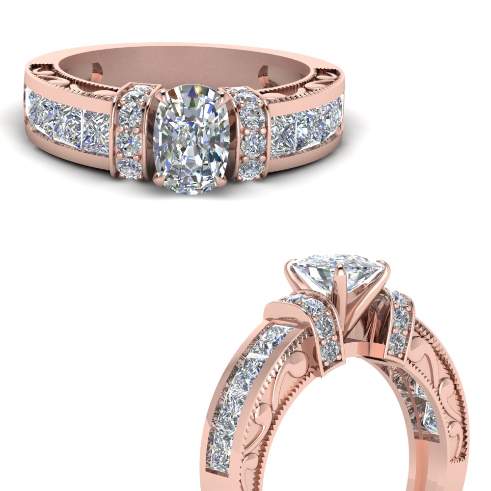 Antique Design Pave Wrap Cushion Diamond Ring In 18k Rose Gold