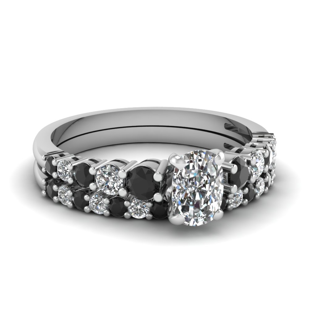 graduated cushion wedding ring set with black diamond in FDENS3056CUGBLACK NL WG