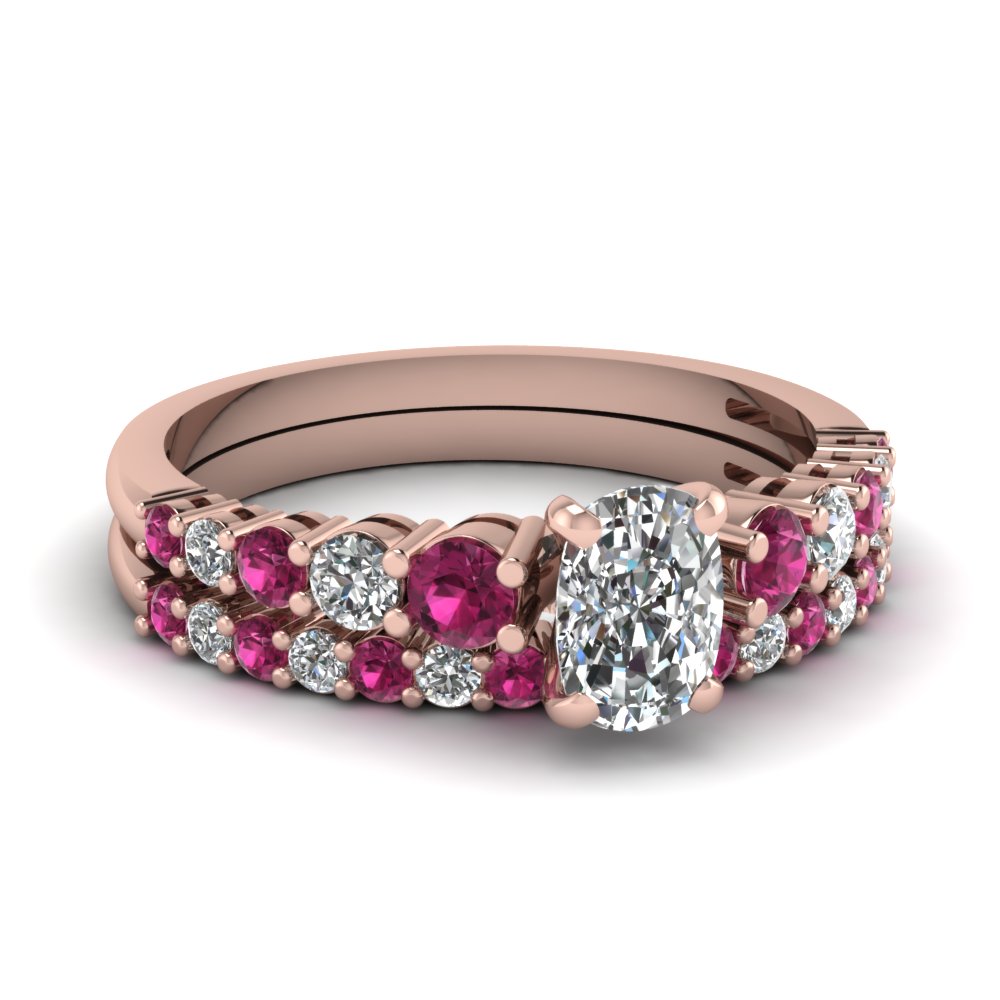 graduated cushion diamond wedding ring set with pink sapphire in FDENS3056CUGSADRPI NL RG