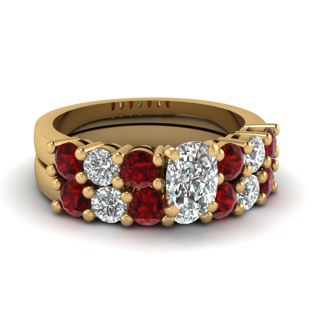 Cushion Cut Basket Prong Diamond Wedding Ring Set With Ruby In 14K ...