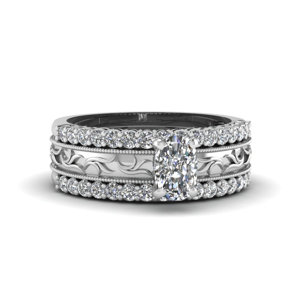 Filigree Engraved Cushion Cut Diamond Trio Wedding Ring Set In 18k Filigree Engraved Cushion Cut Diamond Trio Wedding Ring Set In Fd8100tcu Nl Wg