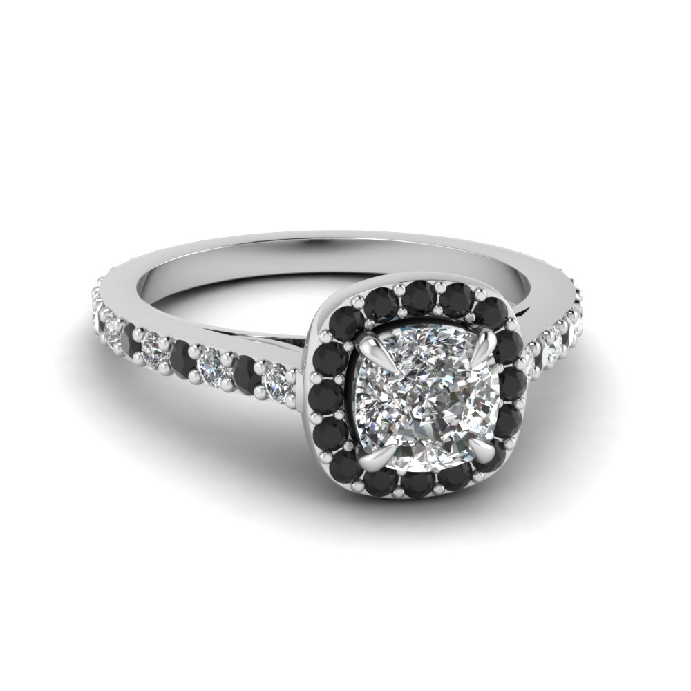 Cushion Cut French Pave Petite Halo Engagement Ring With Black