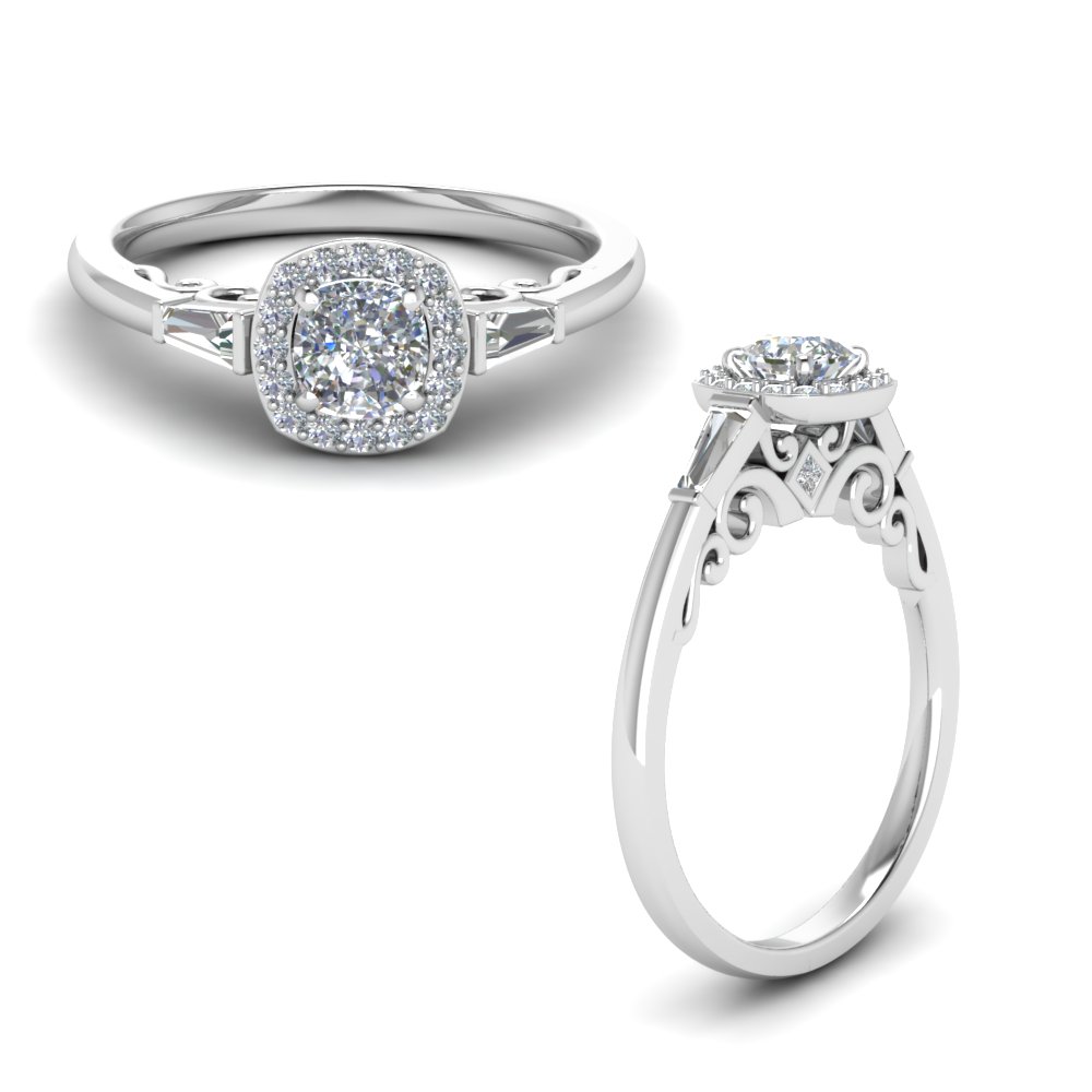 Halo Cushion Diamond Engagement Ring With Baguette In 14K White Gold ...
