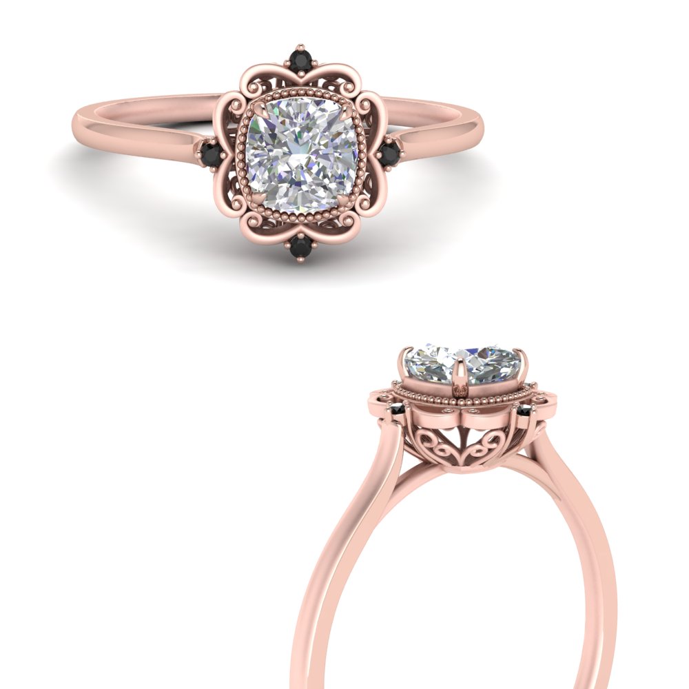 Cushion Cut Halo Filigree Black Moissanite Engagement Ring In 14k