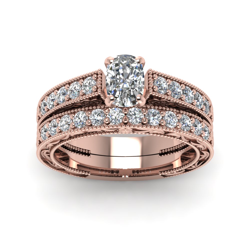 Cushion Cut Milgrain Pave Diamond Wedding Ring Sets In 14K Rose Gold ...