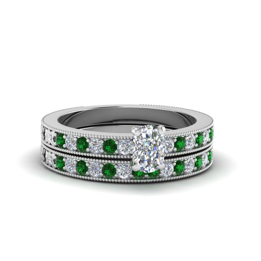 Cushion Cut Ring Sets With Emerald