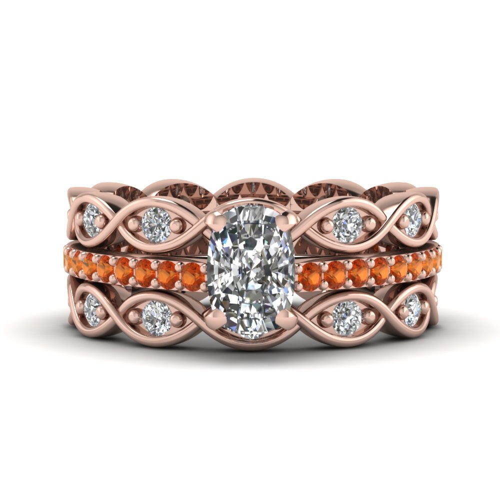 cushion cut pave infinity diamond trio wedding ring sets for women with orange sapphire in 14K rose gold FD8047TCUGSAORANGLE1 NL RG