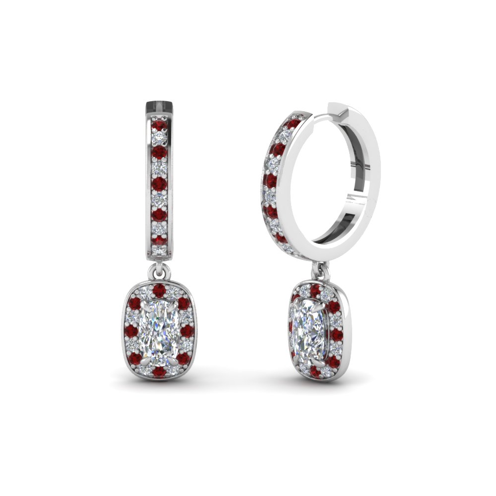 Cushion Halo Hoop Diamond Earring With Ruby In 14K White Gold