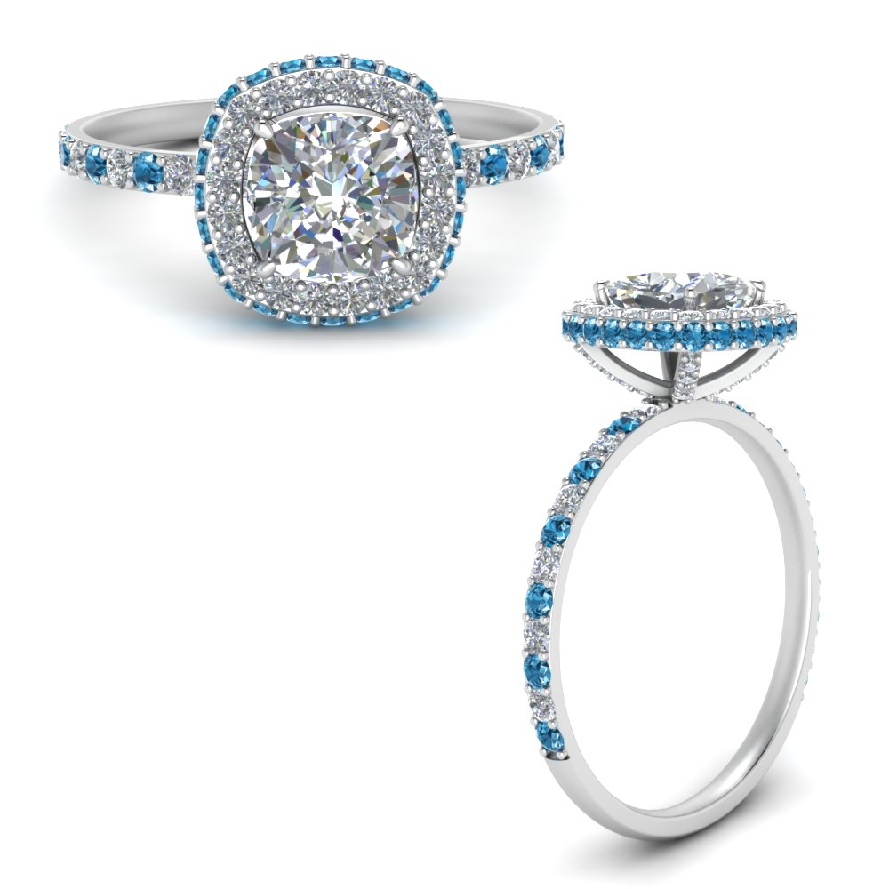 Cushion Cut Rollover Halo Diamond Engagement Ring With Blue Topaz