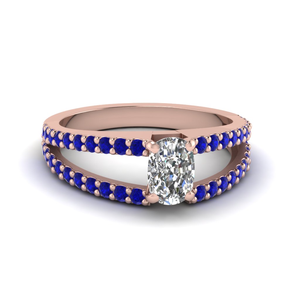 Cushion Cut Split Band Gemstone With Diamond Engagement Ring With Blue ...