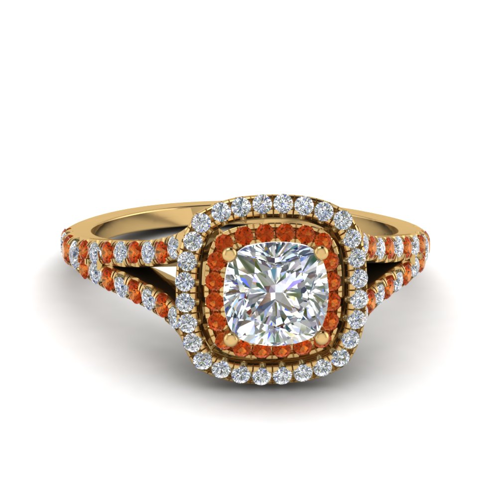 cushion cut split double halo diamond engagement ring with orange sapphire in 14K yellow gold FDENR9107CURGSAOR NL YG