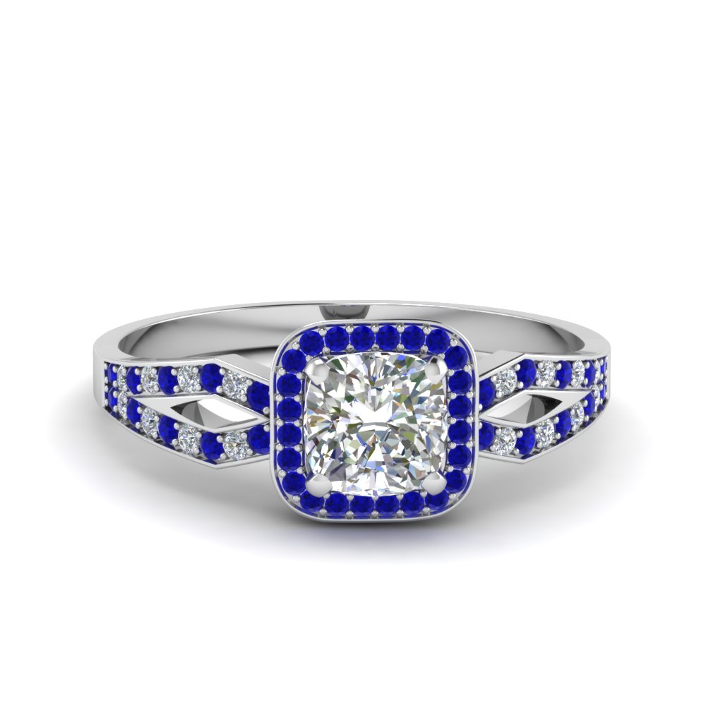 Cushion Cut Split Shank Halo Diamond Engagement Ring With Sapphire