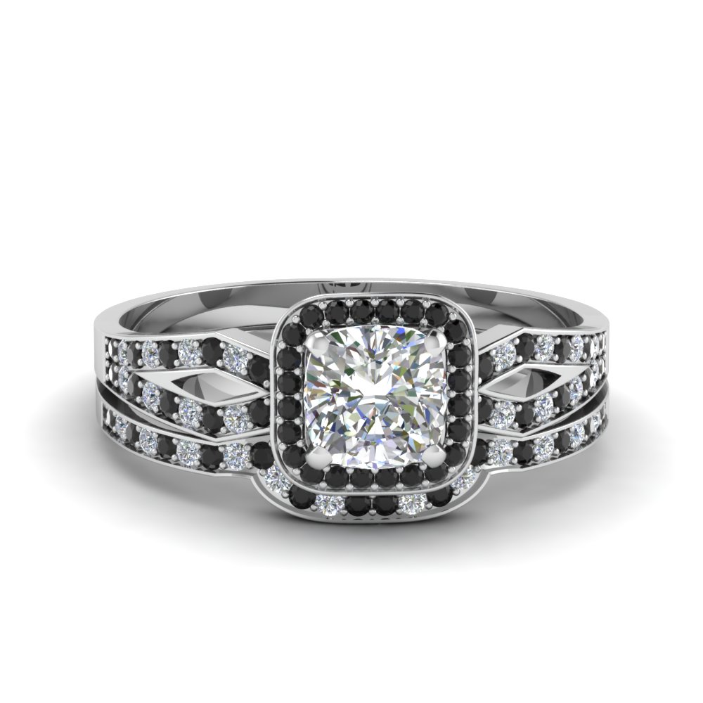 cushion cut split shank halo wedding ring set with black diamond in 14K white gold FDENS3240CUGBLACK NL WG