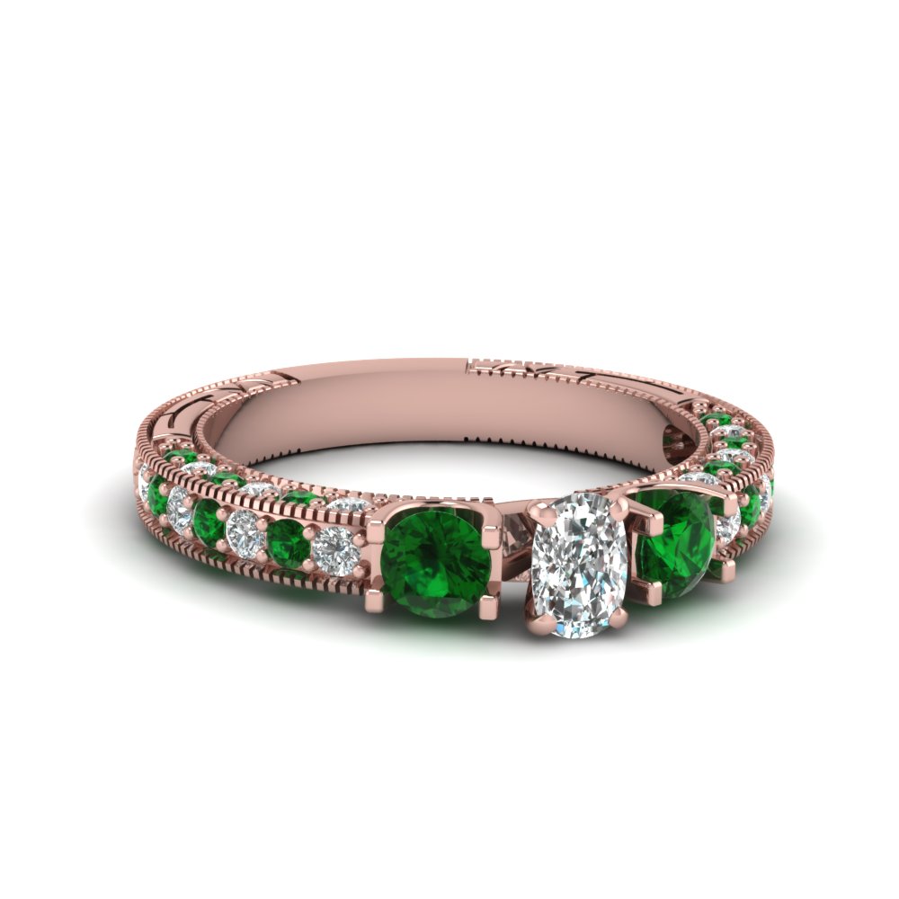 3 Stone Accented Vintage Cushion Cut Diamond Engagement Ring With