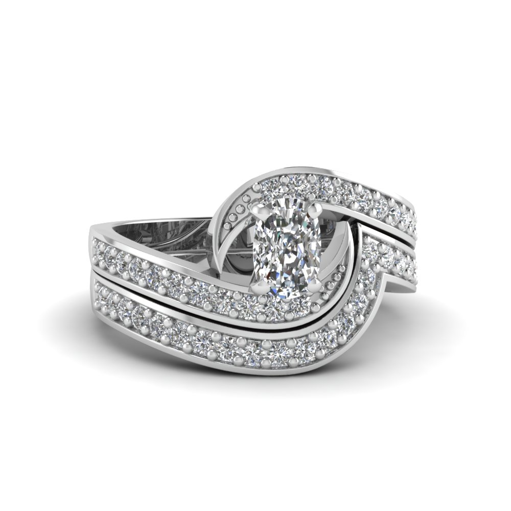 Cushion Cut Swirl Pave Diamond Wedding Ring Set In 14K White Gold ...