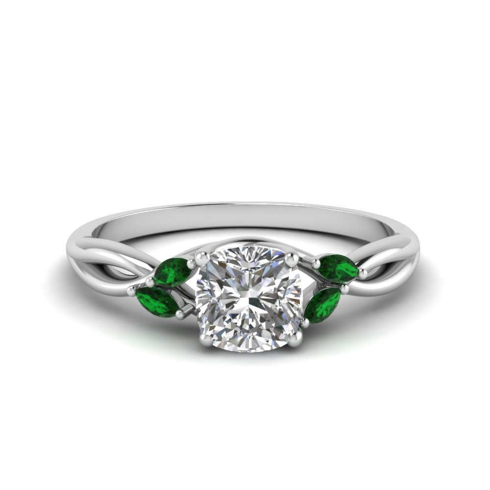 Cushion Cut Twisted Petal Diamond Engagement Ring With Emerald In White ...