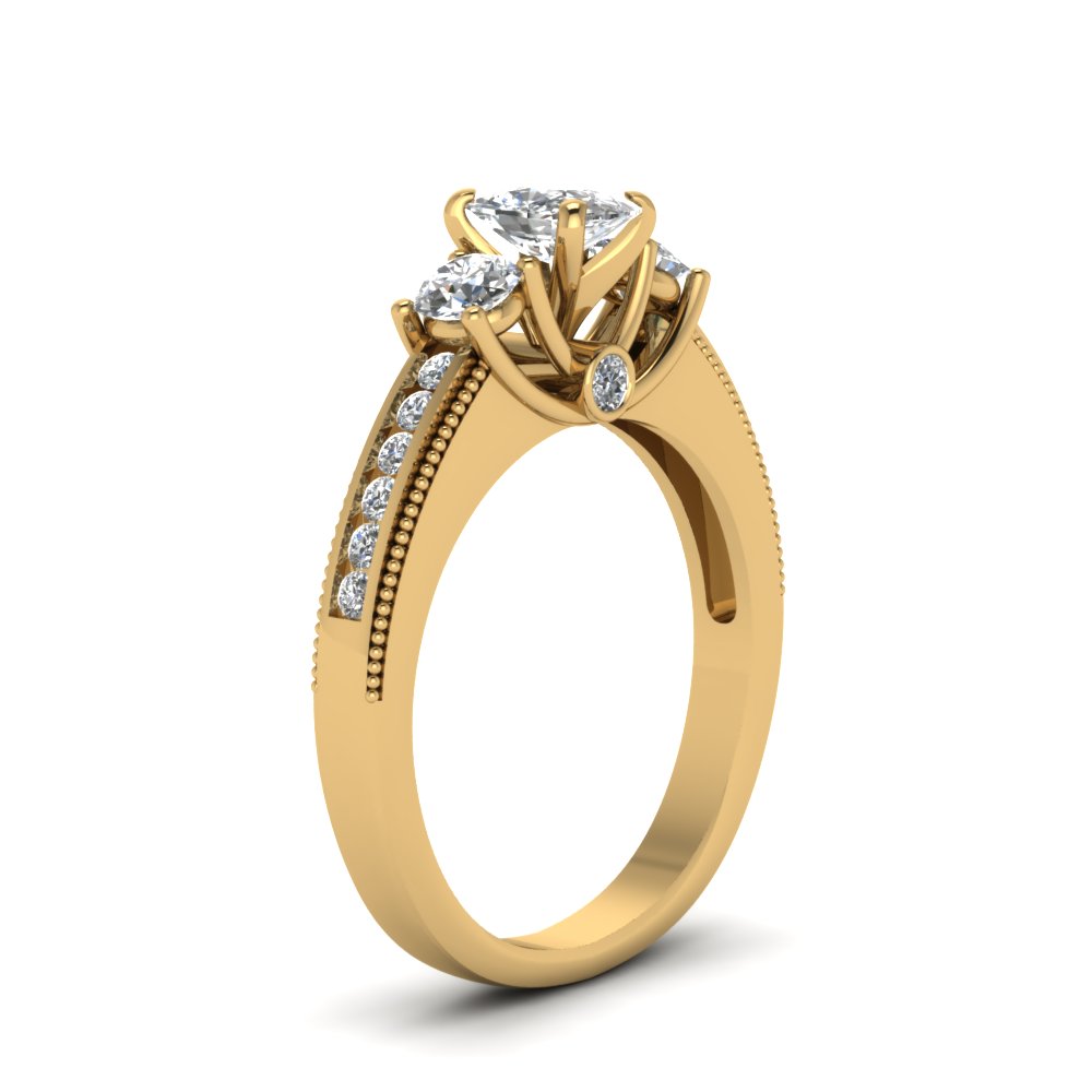 Cushion Cut Unique 3 Stone Milgrain Diamond Engagement Ring In 14K ...