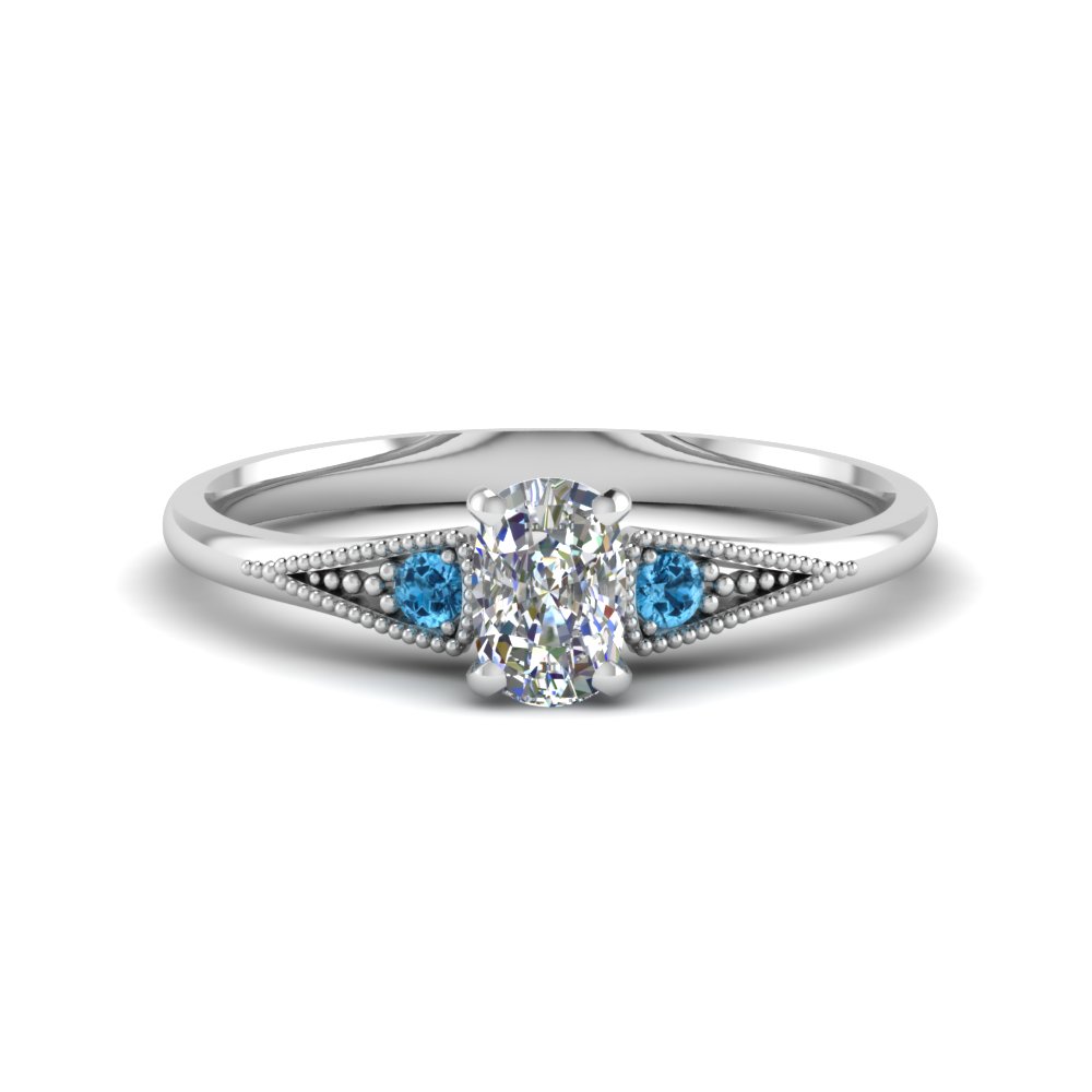 Cushion Milgrain 3 Stone Half Carat Diamond Engagement Ring With Blue ...