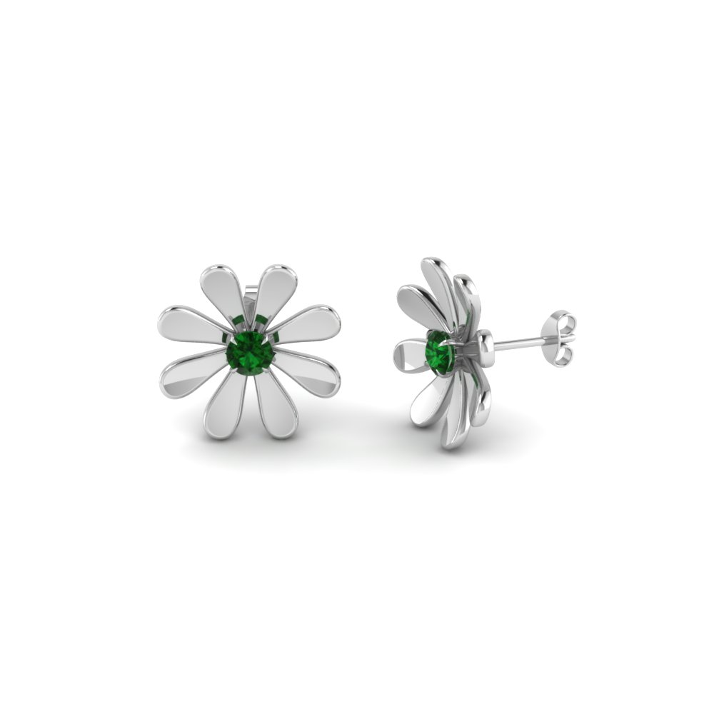 daisy flower emerald stud earring for women in 18K white gold FDEAR1083GEMGR NL WG