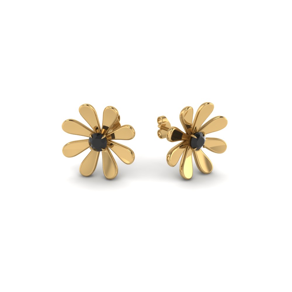 Daisy flower black diamond stud earring for womenin 14K yellow gold ...
