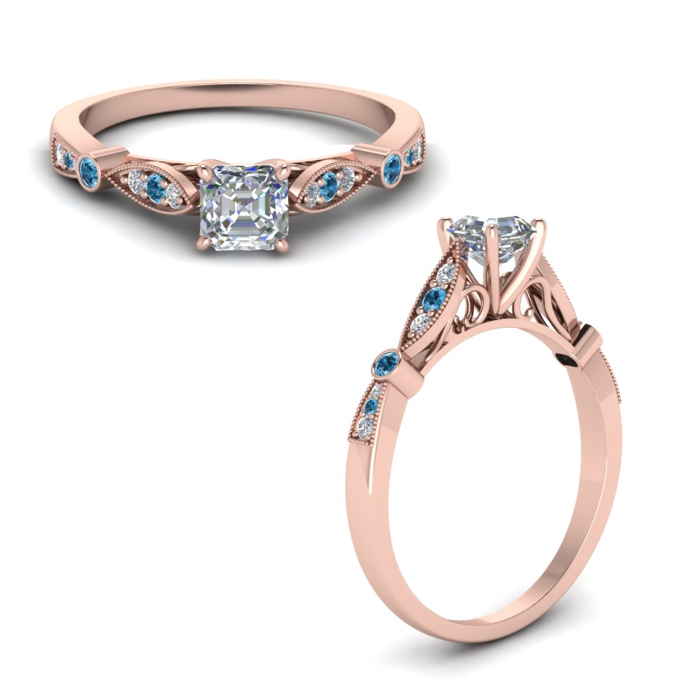 Asscher Shaped Delicate Art Deco Engagement Ring with Ice Blue Topaz in 14K Rose Gold