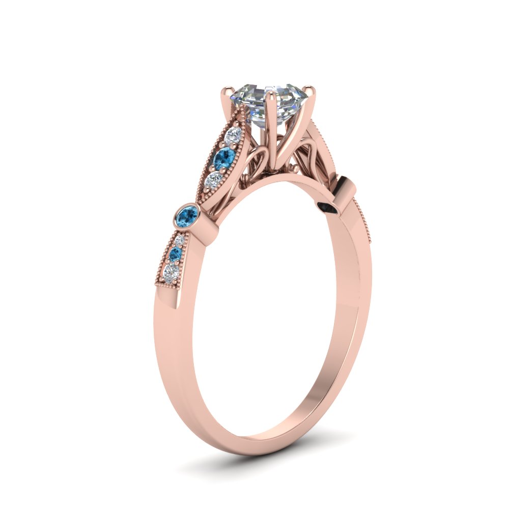 Asscher Shaped Delicate Art Deco Engagement Ring with Ice Blue Topaz in 14K Rose Gold